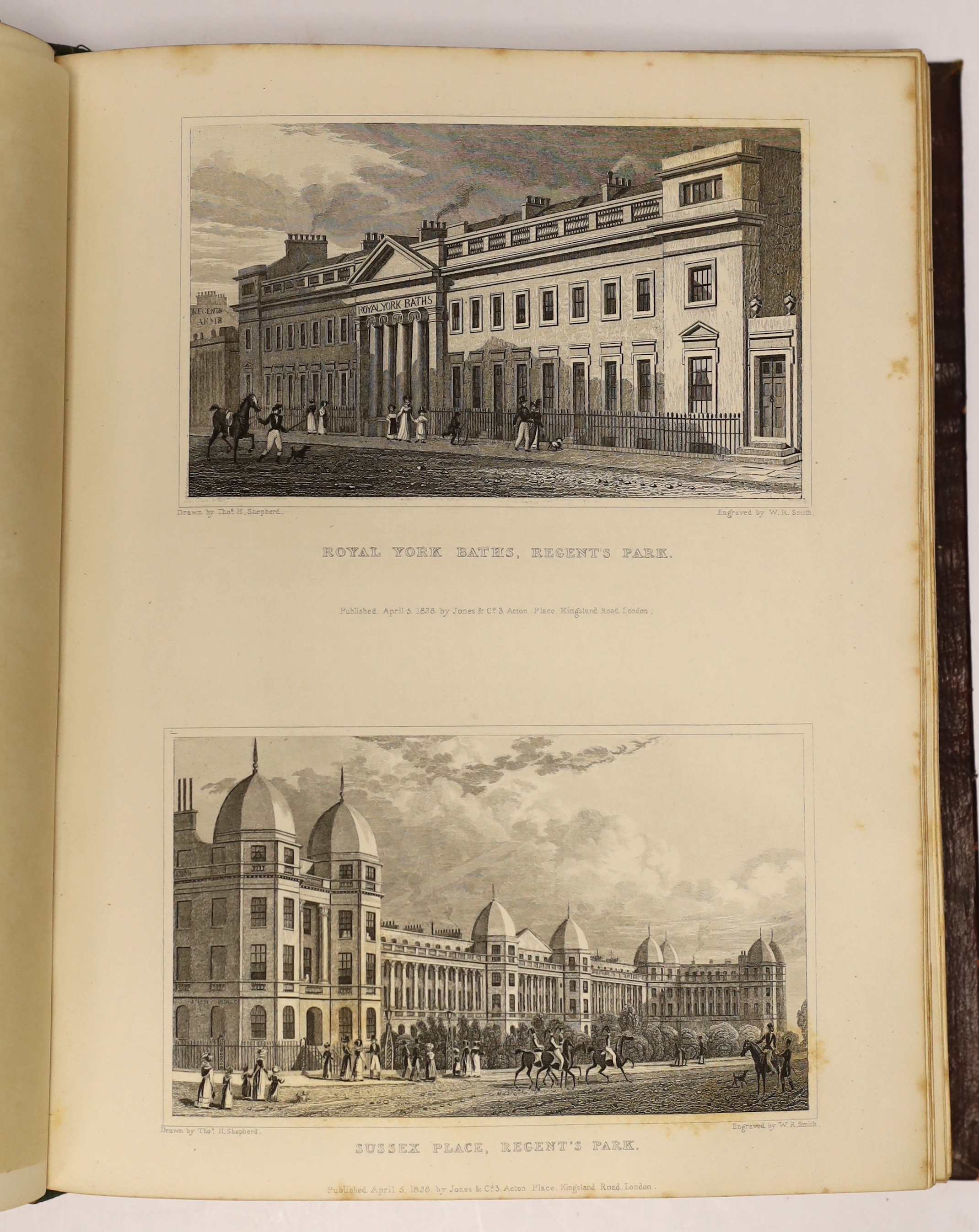 Elmes, James - Metropolitan Improvements; or London in the Nineteenth Century....displayed in a series of engravings...by Mr. Thos. H. Shepherd....2 pictorial engraved and printed titles, a plan (Regents Park) and 88 pla